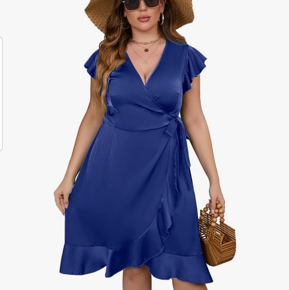 - Nwt Women Plus Wrap Vneck Belted Ruffle Shortsleeve Summer Silky Dress